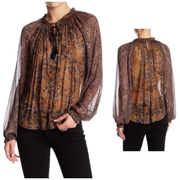 Free People Hendrix Floral Split Neck Tassel Ties Blouse Boho Tunic Size S - Picture 2 of 6